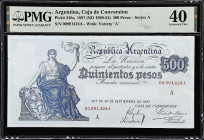 ARGENTINA. Caja de Conversion. 500 Pesos, 1897. P-248a. PMG Extremely Fine 40.
Series A. "A" variety watermark. Three notes have been encapsulated by...