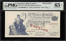 ARGENTINA. Banco Central de la Republica Argentina. 50 Pesos, 1935 (ND 1936-43). P-254s. Specimen. PMG Gem Uncirculated 65 EPQ.
Specimen No. 41. Wate...
