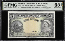 BAHAMAS. Bahamas Government. 1 Pound, 1936 (ND 1963). P-15d. PMG Gem Uncirculated 65 EPQ.
Printed by TDLR. Signature combination of W.H. Sweeting and...