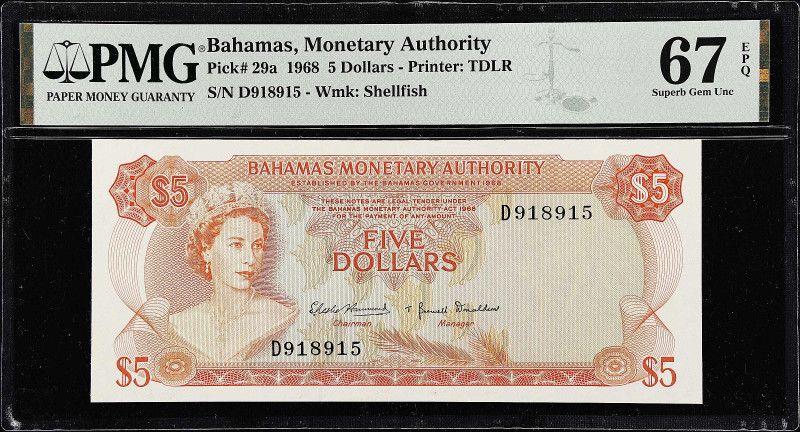 BAHAMAS. Bahamas Monetary Authority. 5 Dollars, 1968. P-29a. PMG Superb Gem Unci...