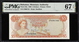 BAHAMAS. Bahamas Monetary Authority. 5 Dollars, 1968. P-29a. PMG Superb Gem Uncirculated 67 EPQ.
Printed by TDLR. Watermark of Shellfish. At the time...