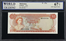 BAHAMAS. Central Bank of The Bahamas. 5 Dollars, 1974. P-37a. WBG Superb Gem Uncirculated 67 TOP.
Printed by TDLR. Watermark of shellfish. Signature ...