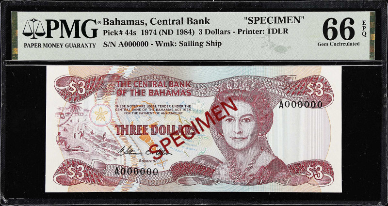 BAHAMAS. Central Bank of The Bahamas. 3 Dollars, 1974. P-44s. Specimen. PMG Gem ...