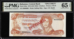BAHAMAS. Central Bank of The Bahamas. 5 Dollars, 1974. P-45bs. Specimen. PMG Gem Uncirculated 65 EPQ.
Printed by TDLR. Watermark of Sailing Ship. Sig...