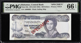 BAHAMAS. Central Bank of The Bahamas. 100 Dollars, 1974. P-49s. Specimen. PMG Gem Uncirculated 66 EPQ.
Printed by TDLR. Watermark of sailing ship. Re...