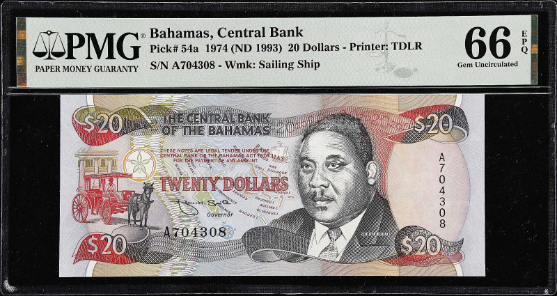 BAHAMAS. Central Bank of The Bahamas. 20 Dollars, 1974. P-54a. PMG Gem Uncircula...