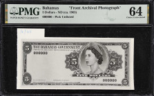 BAHAMAS. Lot of (2). Bahamas Government. 5 Dollars, ND (ca. 1965). P-Unlisted. Front & Back Archival Photographs. PMG Choice Uncirculated 64 & Gem Unc...
