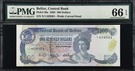 BELIZE. Central Bank of Belize. 100 Dollars, 1983. P-50a. PMG Gem Uncirculated 66 EPQ.
Printed by BWC. Watermark of carved head. A popular type, with...