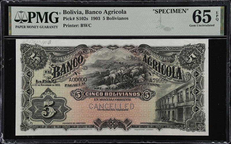 BOLIVIA. Banco Agricola. 5 Bolivianos, 1903. P-S102s. Specimen. PMG Gem Uncircul...