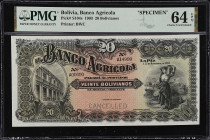 BOLIVIA. Banco Agricola. 20 Bolivianos, 1903. P-S104s. Specimen. PMG Choice Uncirculated 64 EPQ.
Printed by BWC. The only example for the pick variet...