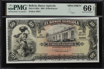 BOLIVIA. Banco Agricola. 50 Bolivianos, 1903. P-S105s. Specimen. PMG Gem Uncirculated 66 EPQ.
Printed by BWC. A very rare note to encounter in any fo...