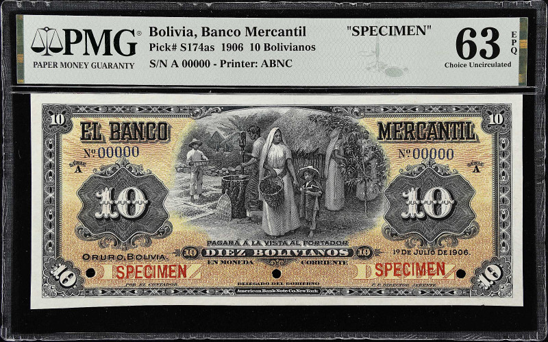 BOLIVIA. Banco Mercantil. 10 Bolivianos, 1906. P-S174as. Specimen. PMG Choice Un...