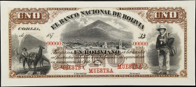 BOLIVIA/Chile- Two-Country Note. Banco Nacional de Bolivia. 1 Boliviano, 187x. P-S184p1. Front Proof.
Uniface Proof. A scarce design with MUESTRA and...