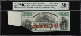 BOLIVIA. Banco Nacional de Bolivia. 1 Boliviano, ND (ca. 1874). P-S191s. Specimen. PMG Choice About Uncirculated 58 EPQ.
An attractive, exceptionally...