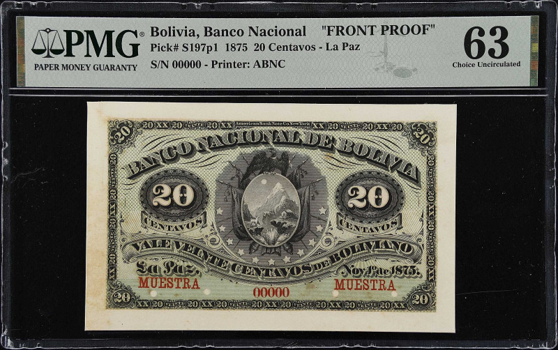 BOLIVIA. Banco Nacional de Bolivia. 20 Centavos, 1875. P-S197p1. Front Proof. PM...