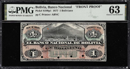 BOLIVIA. Lot of (2). Banco Nacional de Bolivia. 1 Boliviano, 1877. P-S199p1 & S199p2. Front & Back Proofs. PMG Choice Uncirculated 63.
A pair of fron...