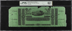 BRAZIL. Banco do Brazil. 50 Mil Reis, ND (1856). P-S247r. Remainder. PMG Uncirculated 62 Net. Pieces Missing.
Remainder. Green paper. A beautiful wid...