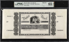 BRAZIL. Banco do Brazil. 100 Mil Reis, ND (1856). P-Unlisted. Proof. PMG Gem Uncirculated 65 EPQ.
Printed by B&E. Seated allegorical woman at center....