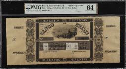 BRAZIL. Banco do Brazil. 200 Mil Reis, ND (1856). P-S265pm. Printer's Model. PMG Choice Uncirculated 64.
Printed by B&E. Bahia. A beautiful printer's...