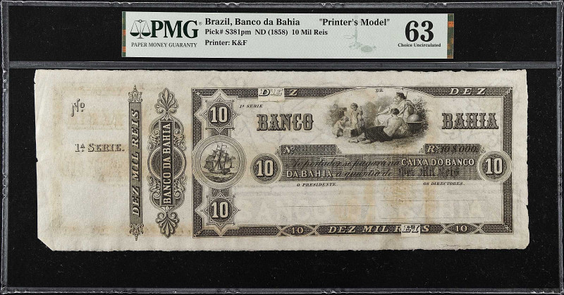 BRAZIL. Banco da Bahia. 10 Mil Reis, ND (1858). P-S381pm. Printer's Model. PMG C...