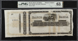 BRAZIL. Banco da Bahia. 20 Mil Reis, ND (1858). P-S382pm. Printer's Model. PMG Choice Uncirculated 63.
A wide format K & F printer's model showing do...