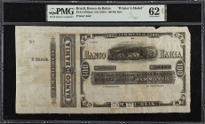 BRAZIL. Banco da Bahia. 100 Mil Reis, ND (1958). P-S385pm. Printer's Model. PMG Uncirculated 62 Net. Tears, Corner Missing.
Printed by Knowles and Fo...