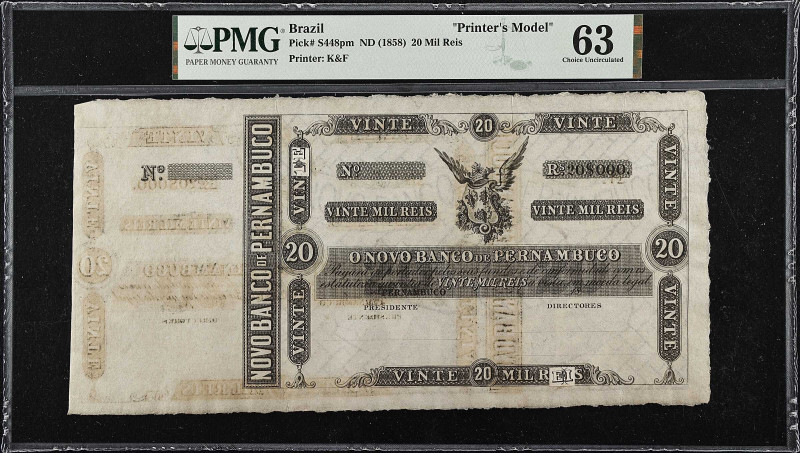 BRAZIL. Novo Banco de Pernambuco. 20 Mil Reis, ND (1858). P-S448pm. Printer's Mo...