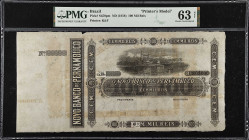 BRAZIL. Novo Banco de Pernambuco. 100 Mil Reis, ND (1858). P-S450pm. Printer's Model. PMG Choice Uncirculated 63 Net. Large Tear.
Printed by Knowles ...