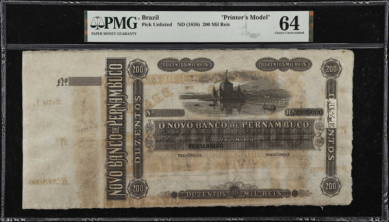 BRAZIL. Novo Banco de Pernambuco. 200 Mil Reis, ND (1858). P-Unlisted. Printer's...