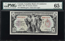 CANADA. Canadian Bank of Commerce. 5 Dollars, 1935. CH# 75-18-02. PMG Gem Uncirculated 65 EPQ.
Toronto, Ontario. Signature combination of J. Aird and...