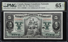 CANADA. Banque Canadienne Nationale. 5 Dollars, 1925. CH #85-10-02. PMG Gem Uncirculated 65 EPQ.
Montreal, Quebec. Signature combination of J.A. Vail...