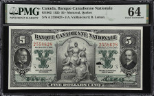CANADA. Banque Canadienne Nationale. 5 Dollars, 1925. CH #85-10-02. PMG Choice Uncirculated 64.
Stunning allegorical figures at center. An uncirculat...