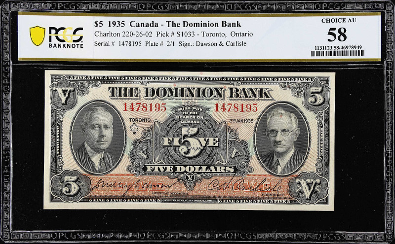 CANADA. Dominion Bank. 5 Dollars, 1935. CH #220-26-02. PCGS Banknote Choice Abou...