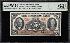 CANADA. Dominion Bank. 5 Dollars, 1938. CH #220-28-02. PMG Choice Uncirculated 64 EPQ.
Toronto, Ontario. C.H. Carlisle - R. Rae signature combination...