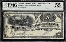 CANADA. Farmers Bank of Canada. 5 Dollars, 1907. CH #270-10-02P1. Front Proof. PMG About Uncirculated 55.
Toronto, Ontario. Printed signature of W.B....