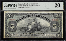 CANADA. Bank of Hamilton. 5 Dollars, 1909. CH #345-20-02. PMG Very Fine 20.
Hamilton, Ontario. Beautiful lathe work is found on the reverse of the no...