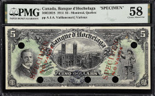 CANADA. Banque d' Hochelaga. 5 Dollars, 1914. CH #360-22-02S. Specimen. PMG Choice About Uncirculated 58.
Montreal, Quebec. Printed signature of J.A....
