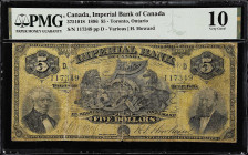 CANADA. Imperial Bank of Canada. 5 Dollars, 1896. CH #375-10-18. PMG Very Good 10.
Toronto, Ontario. Penned signature at left with engraved signature...