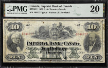 CANADA. Imperial Bank of Canada. 10 Dollars, 1920. CH #375-16-12. PMG Very Fine 20.
Toronto, Ontario. Signature at right of P. Howland. One of just e...