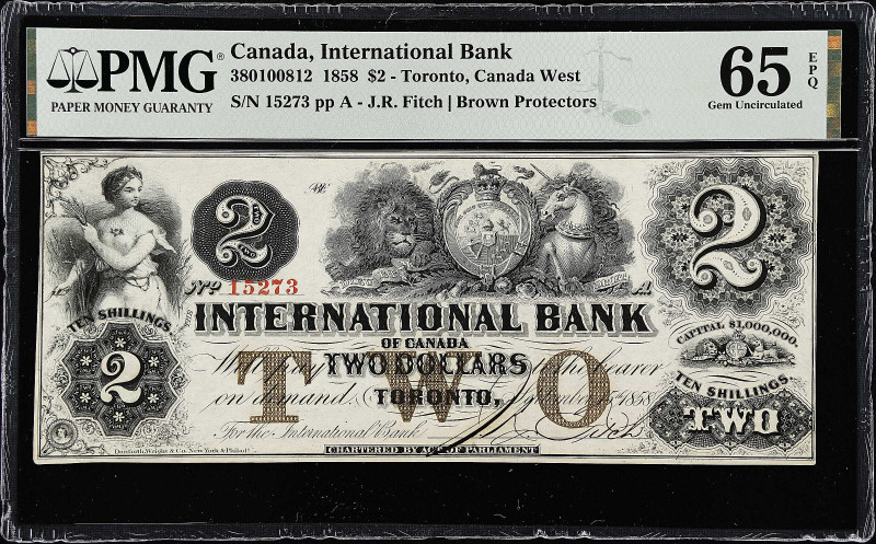 CANADA. International Bank of Canada. 2 Dollars, 1858. CH #380-10-08-12. PMG Gem...