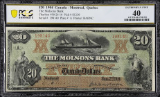 CANADA. Molsons Bank. 20 Dollars, 1904. CH #490-26-10. PCGS Banknote Extremely Fine 40.
Printed by BABNC. An incredibly rare 1904 Molson's Bank 20 Do...