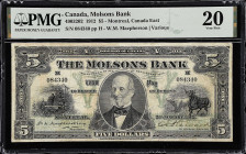 CANADA. Molsons Bank. 5 Dollars, 1912. CH #490-32-02. PMG Very Fine 20.
Montreal, Canada East. W.M. Macpherson printed signature at left. Penned sign...