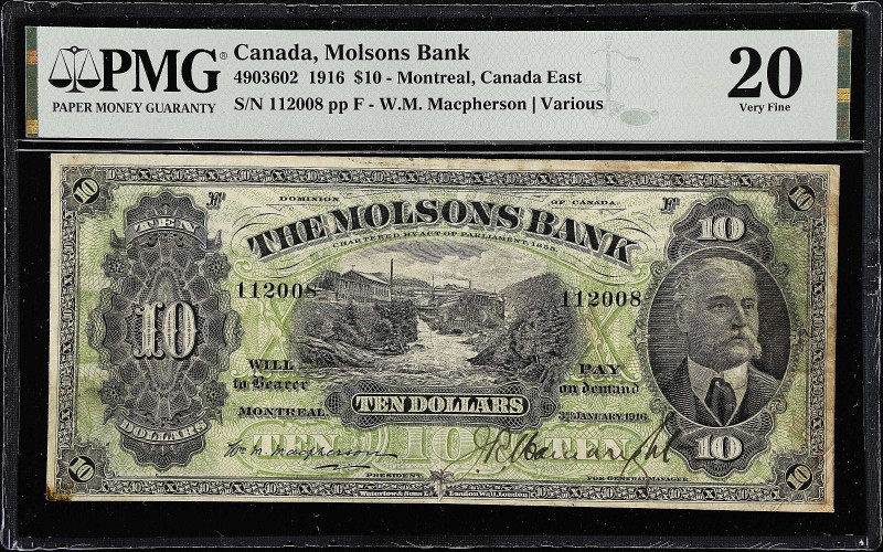 CANADA. Molsons Bank. 10 Dollars, 1916. CH #490-36-02. PMG Very Fine 20.
Montre...