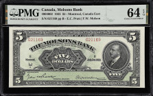 CANADA. Molsons Bank. 5 Dollars, 1922. CH #490-40-02. PMG Choice Uncirculated 64 EPQ.
Montreal, Canada East. E.C. Pratt and F.W. Molson signature com...