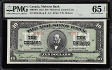 CANADA. Molsons Bank. 10 Dollars, 1922. CH #490-40-04. PMG Gem Uncirculated 65 EPQ.
Montreal, Canada East. E.C. Pratt - F.W. Molson signature combina...