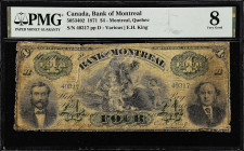 CANADA. Bank of Montreal. 4 Dollars, 1871. CH #505-34-02. PMG Very Good 8.
Penned signature of Angus at left with engraved signature of E.H. King at ...