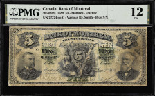 CANADA. Bank of Montreal. 5 Dollars, 1888. CH #505-38-02a. PMG Fine 12.
Blue serial number variety. Portrait of W.J. Buchanan at left and C.F. Smithe...