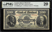 CANADA. Bank of Montreal. 100 Dollars, 1923. CH #505-56-10. PMG Very Fine 20.
Montreal, Quebec. Large underprint "C" counter at center in olive green...