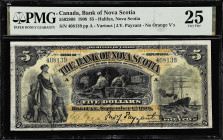 CANADA. Bank of Nova Scotia. 5 Dollars, 1908. CH #550-28-08. PMG Very Fine 25.
Halifax, Nova Scotia. No orange V's. J.Y. Payzant signature. Early mas...