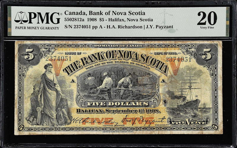 CANADA. Bank of Nova Scotia. 5 Dollars, 1908. CH #550-28-12a. PMG Very Fine 20....